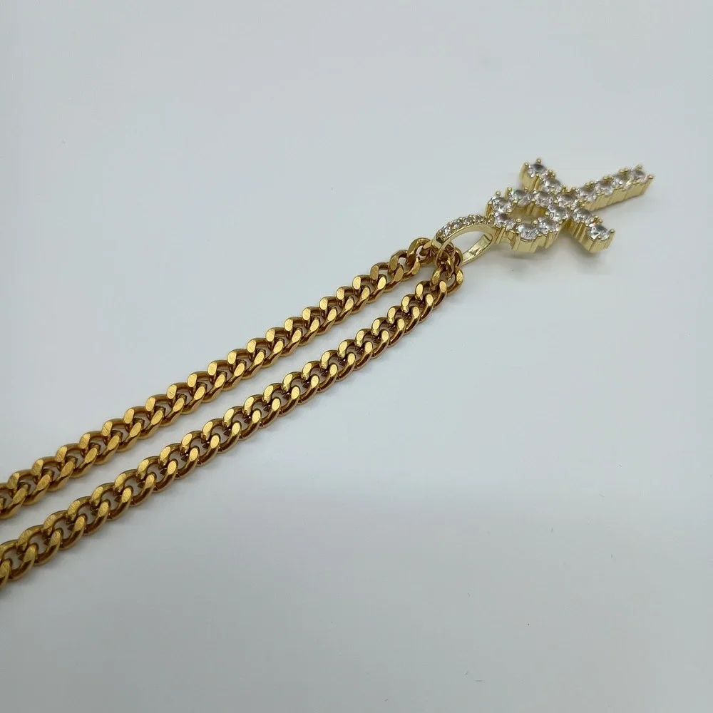 Ice‎ Mob Gold-Tone Cuban Link Chain 20 Inch Iced Out Ankh Cross Pendant Necklace